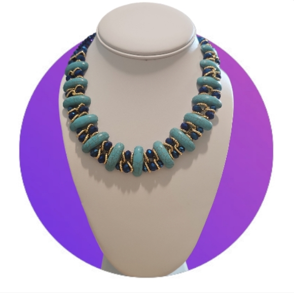 Boho Style Two Rows Crescent High - Quality Turquoise Crystal Necklace. - Picture 2 of 10